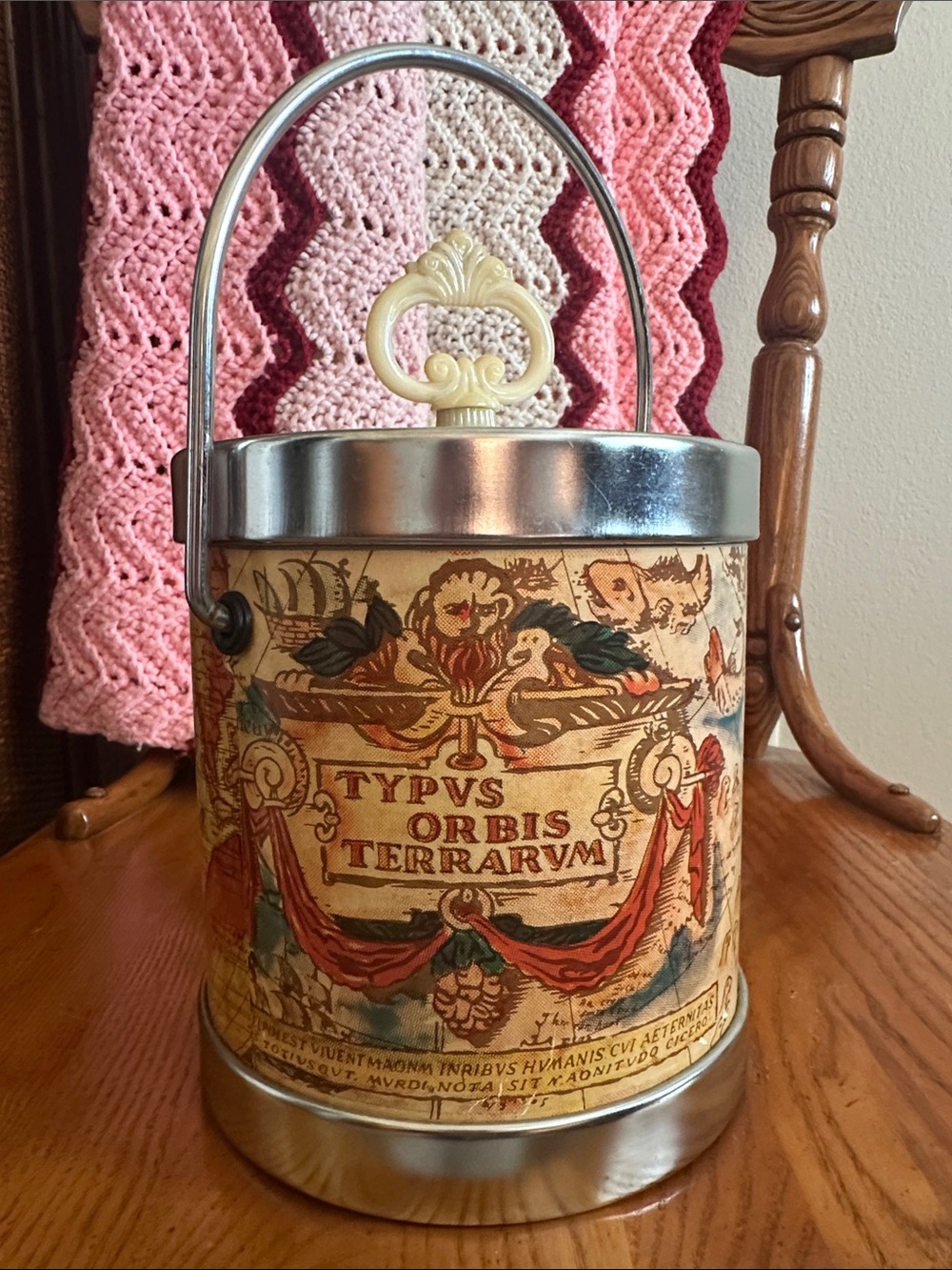 Vintage Decorative Metal  Ice Bucket  or Canister with Map Motif
